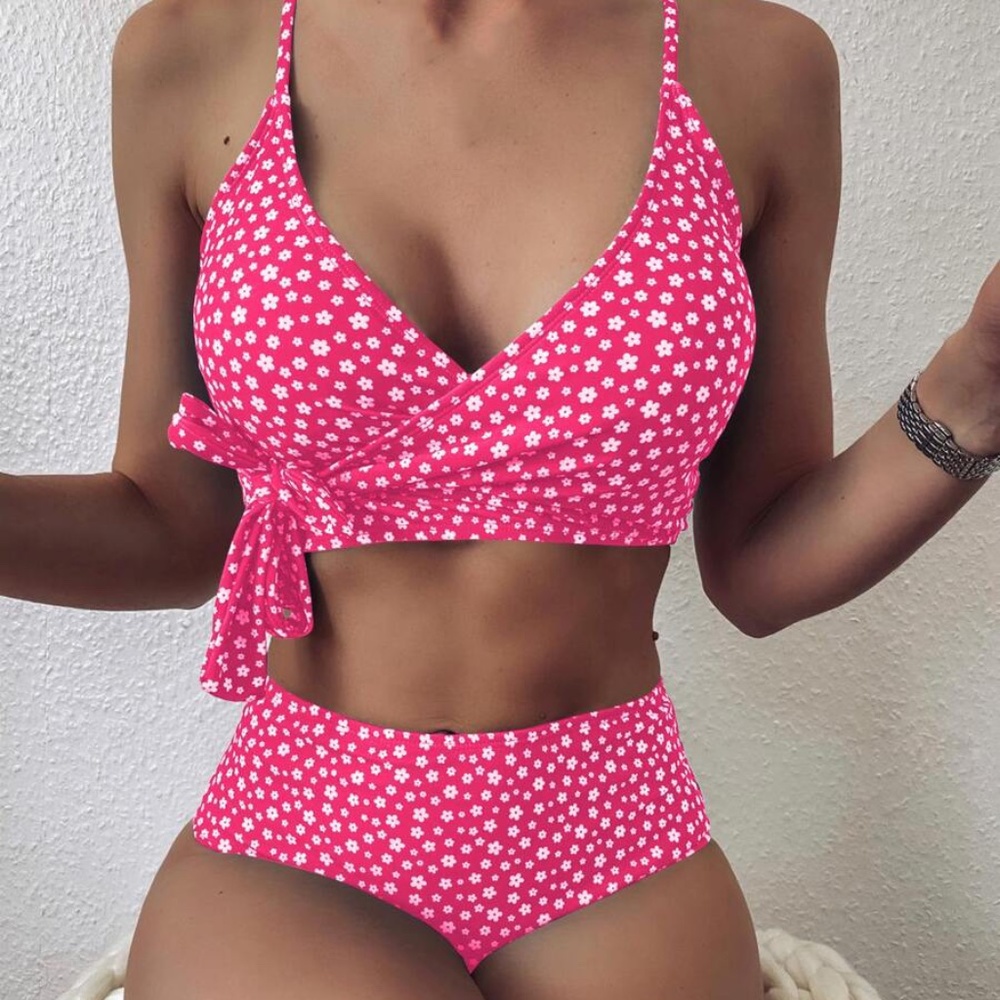 Boho Neon Pink Floral Print Tie V neck Bikini swim - Picture 1 of 6